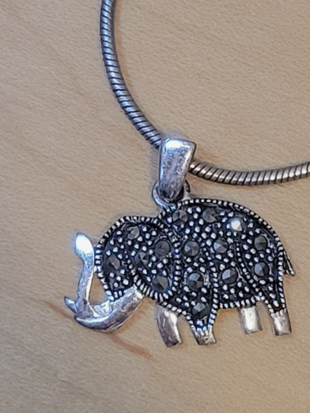 925 Sterling Silver Marcasite Elephant Charm Snake Chain Bracelet Vintage